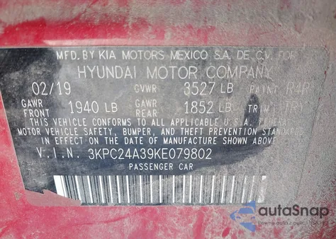 2019 Hyundai Accent Se z USA, uszkodzony, nr VIN 3KPC24A39KE079802